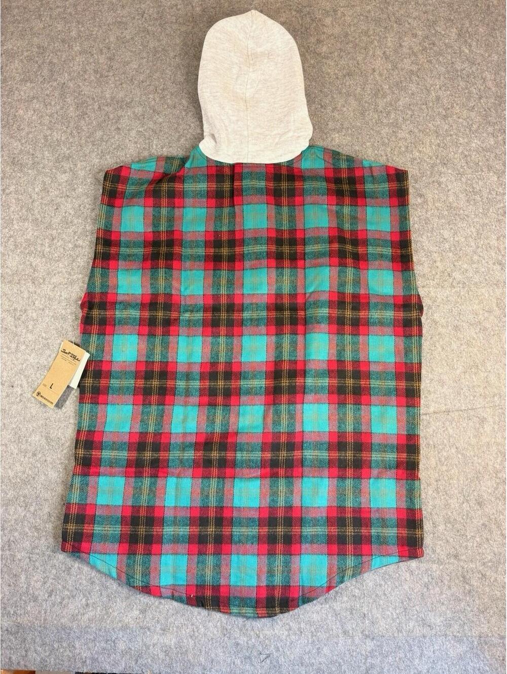 Vintage Surf Style 90s Plaid Flannel Snap Button Sleeveless Hoodie USA Large - Picture 2 of 7